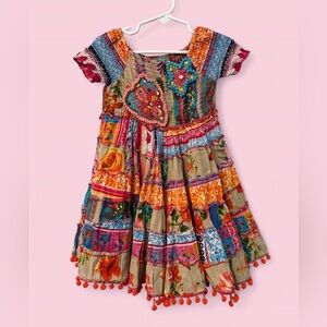 Antica Sartoria Patchwork Boho Dress Beaded Pom Pom Hem Girls Size 4